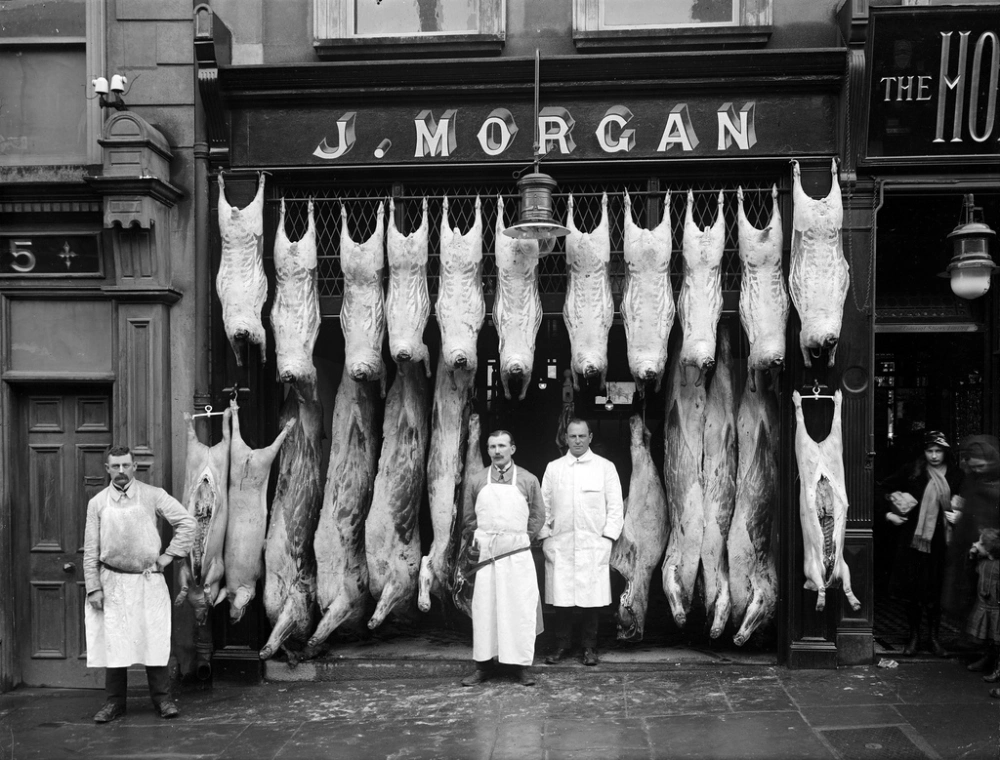 Historic butcher shop with hanging beef
